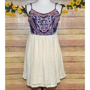 Maurices Size L Summer Dress Blue Aztec Embroidery & Cream Lace Boho Festival